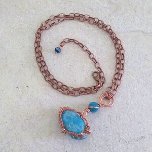 Gorgeous Blue & Copper Statement Necklace ~ Unique Wire Wrapped Apatite Pendant